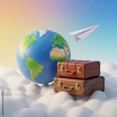 Globe and stacked suitcases in clouds