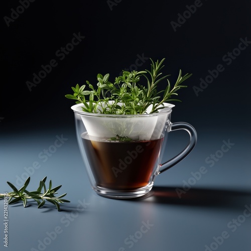 Herbal tea in glass cup with fresh herbs