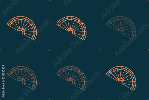 Elegant semicircular fan ornaments in coral and muted charcoal are arranged over a navy ground, evoking refined Art Deco style for fashion, interiors, and luxury branding.