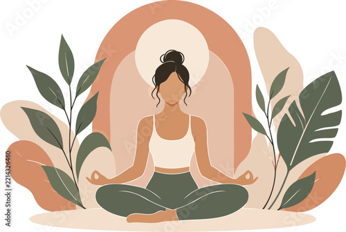 Woman meditating in lotus pose with botanical leaves