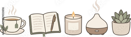 Self care essentials with tea journal candle and potted plant Icin Set