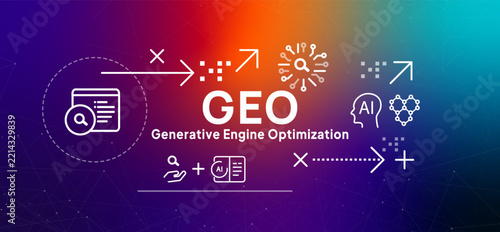 GEO Generative Engine Optimization concept banner SEO evolving into AI-powered search with icons on colorful gradient background digital marketing technology illustration