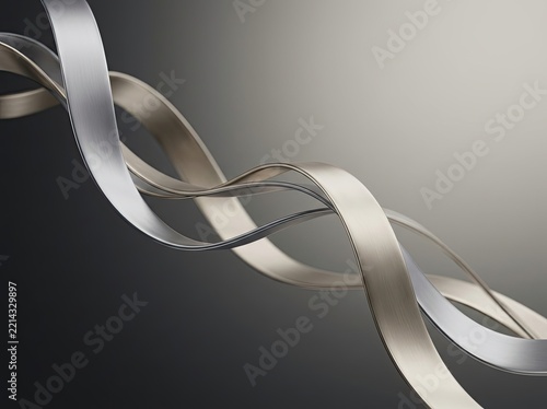 Abstract background featuring elegant, flowing metallic ribbons with brushed silver and gold textures, arranged in smooth, sweeping curves against a soft gradient backdrop.