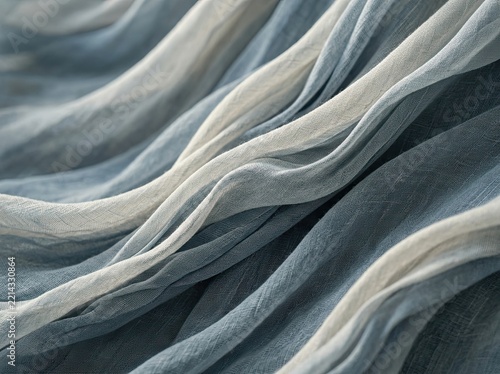 Close-up view of soft, flowing fabric layers in shades of blue and white, featuring delicate textures and smooth, wavy folds in a minimalist abstract composition.