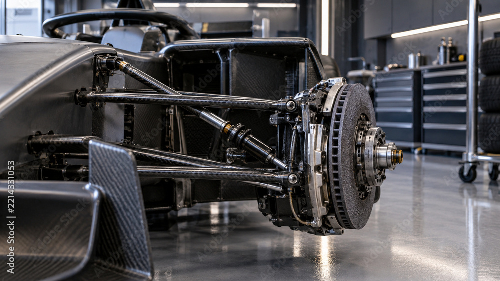 Fototapeta premium Close View of Open Wheel Race Car Brake and Suspension Assembly