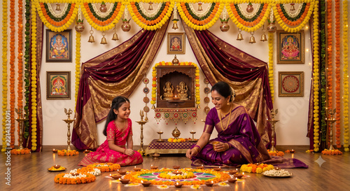Indian Mother and Daughter Celebrating Diwali