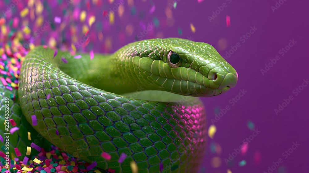 Fototapeta premium Vibrant Green Snake Portrait with Colorful Confetti on Purple Background