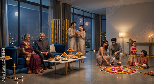 Indian Family Enjoying Traditional Diwali Celebration with Diyas and Festive Decorations