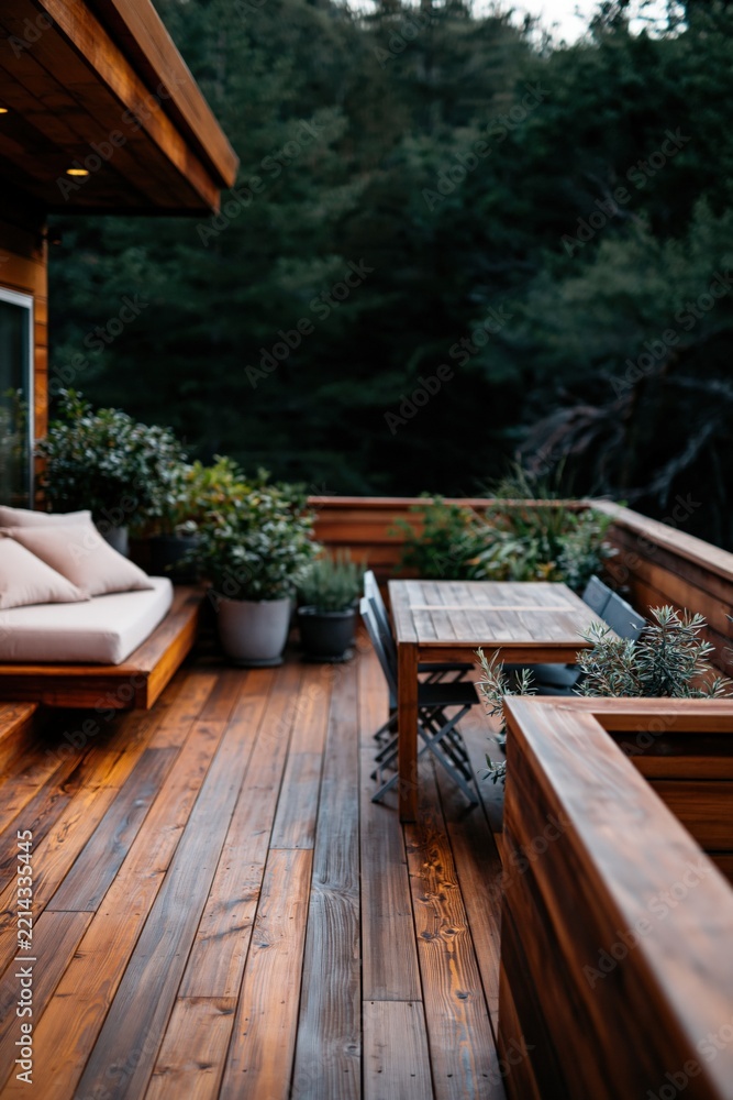 Fototapeta premium Wet wooden deck terrace with outdoor sofa, dining table and potted plants for rustic patio background and outdoor living design