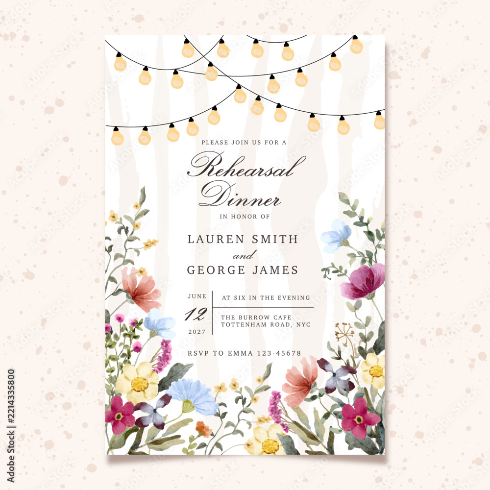 Naklejka premium rehearsal dinner invitation with beautiful wildflower watercolor and string light background