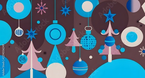 abstract geometric christmas trees pattern with stars and ornaments, holiday background concept.