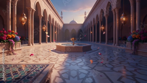 Elegant courtyard of a traditional mosque with a central stone fountain