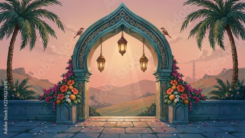 Ornate stone archway framing a distant scenic landscape at sunset hour