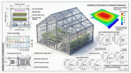 Hydroponic greenhouse architectural blueprint integrating advanced system analysis, crop growth optimization, smart irrigation, and environmental control for sustainable agriculture