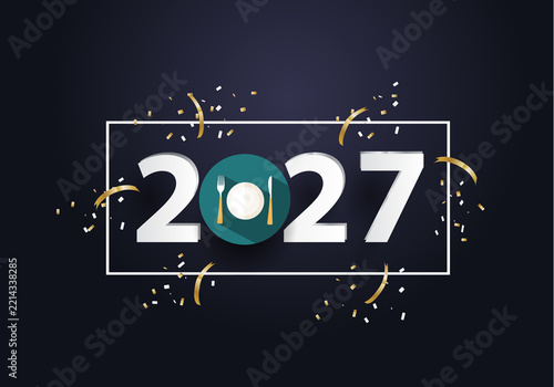 Happy new year 2027. Year 2027 with restaurant, fork and knife icon
