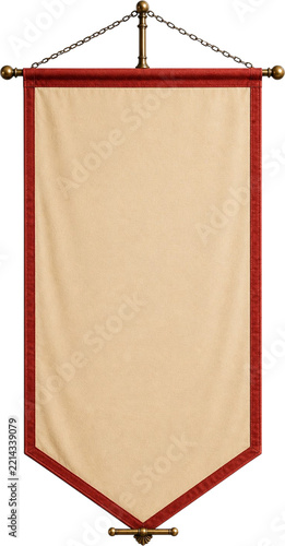 Blank Medieval Heraldic Banner with Red Border Hanging on White