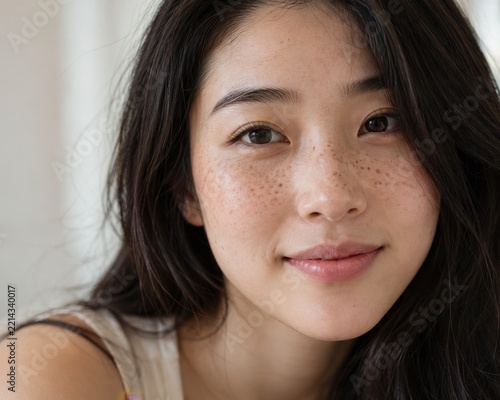young woman showing freckles on her face