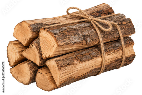 Bundled firewood logs tied with rope isolated on a white background