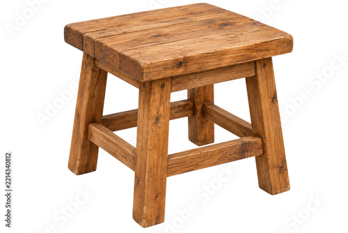 Rustic Wooden Stool with Square Plank Seat Isolated on White Background