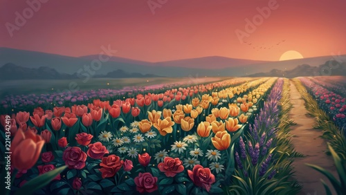 Vibrant flower field at sunset with colorful tulips and blooming roses