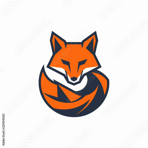 Orange fox mascot logo design with stylized head and tail on white background