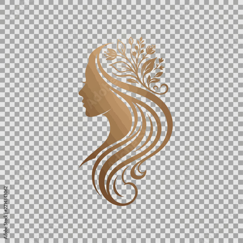 Elegant golden woman profile silhouette with decorative floral hair ornament
