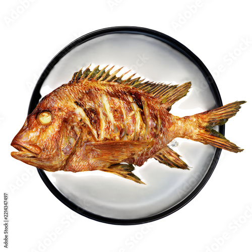 Fried whole fish with crispy golden skin, gourmet seafood entree on white plate, delicious grilled snapper for restaurant isolated on Transparent Background