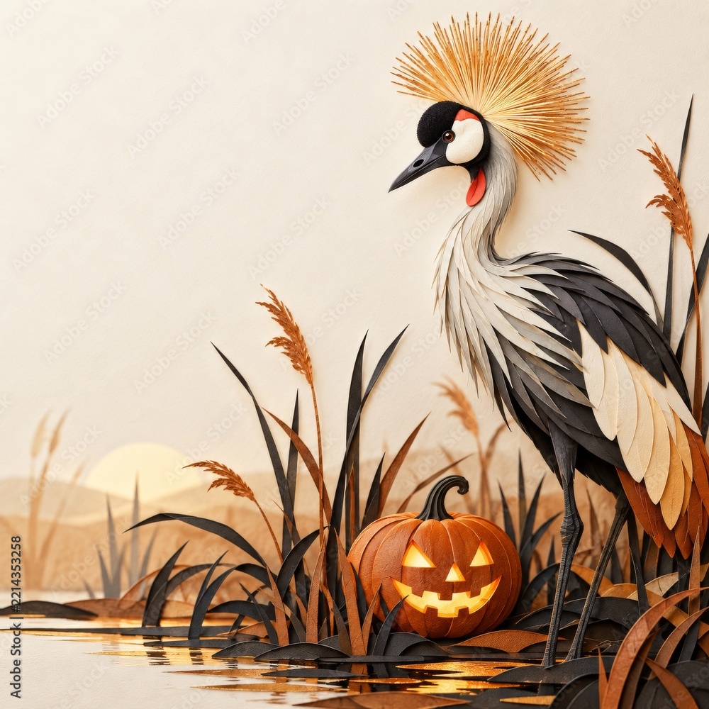 Fototapeta premium Crowned Crane Beside Glowing Jack O Lantern in Autumn Wetland Paper Art Scene with Copy Space