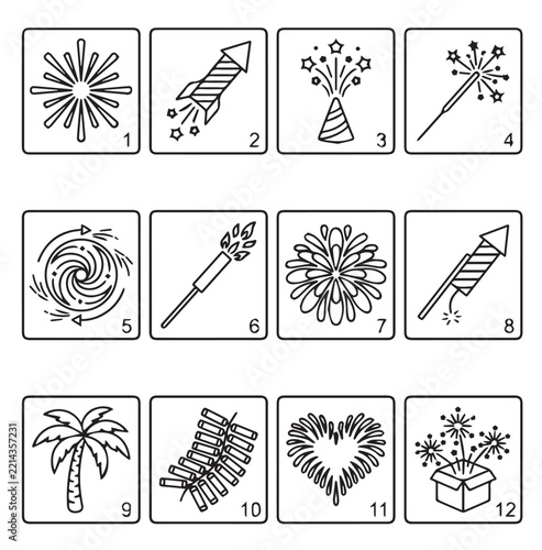 Diverse Firework Icons Celebration Displaying Various Explosive Pyrotechnic Effects and Symbols