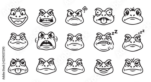 Diverse frog faces with varied expressions in a clean graphic style for conceptual use