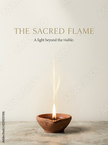 Sacred flame in clay diya on neutral background for spiritual and