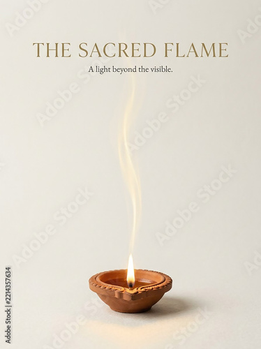 Sacred diya flame in clay holder with spiritual text for religious or