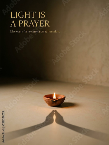 Lit diya lamp symbolizing prayer and intention on neutral floor
