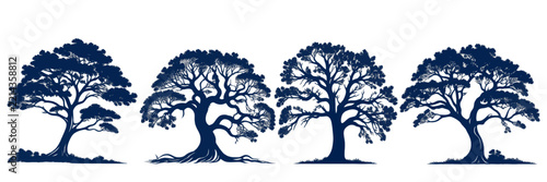 Dark blue silhouettes of four distinct deciduous plants on black background