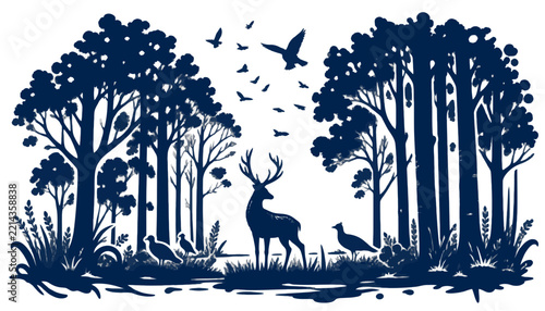 Dark blue forest silhouette with deer and birds in night landscape