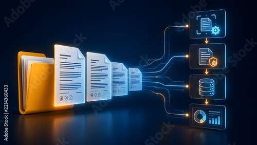 Glowing digital documents transferring from a yellow folder into an automated processing system representing secure data management and digital workflow