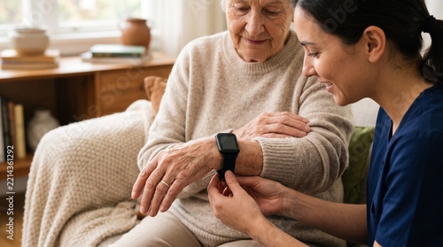 Senior woman receiving smartwatch assistance from caregiver indoors  