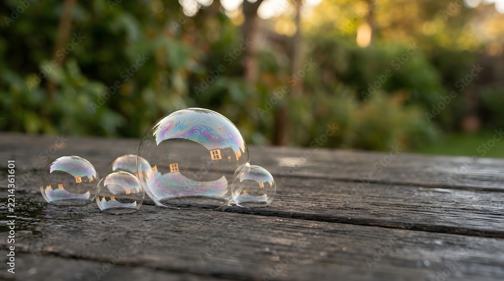 Fototapeta premium Iridescent soap bubbles resting on a weathered wooden table in a lush green garden setting during golden hour lighting
