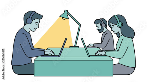Three office workers wearing headsets while typing on laptops at desk