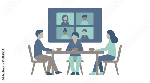 Three people sitting at a table participating in a remote conference call