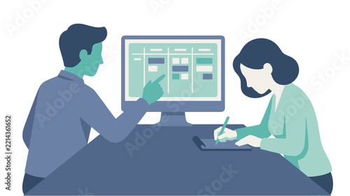 Two colleagues discussing a project schedule on a desktop computer monitor