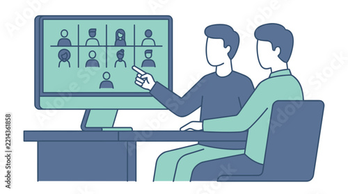 Two men sitting at a desk pointing at a video conference screen
