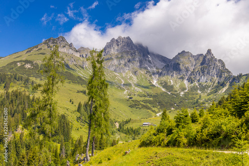 Panoramic alpine landscape around Salzburg, Austria, featuring majestic snow-covered peaks, rugged mountain ridges, green foothills, forested slopes, and picturesque valleys of Austria