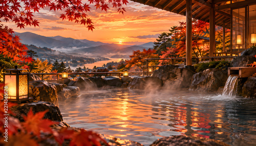 紅葉と夕日に染まる山並みを望む秋の露天風呂