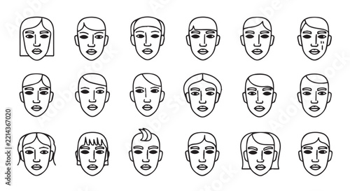 Diverse human faces in simple outline style against a white background representing individuality and variety
