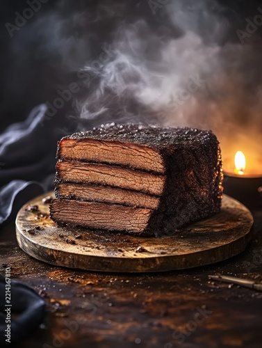 Sliced, smoked beef roast resting on a wooden board.