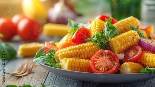 Colorful corn and tomato salad with fresh herbs.
