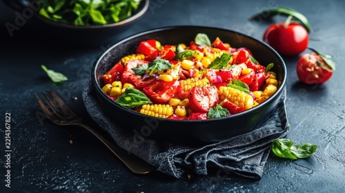 Colorful vegetable salad with corn and tomatoes in a black bowl.