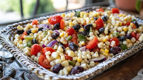 Colorful corn salad displayed on a decorative platter.