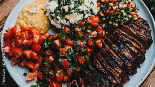Grilled steak with vibrant vegetable sides on a platter.